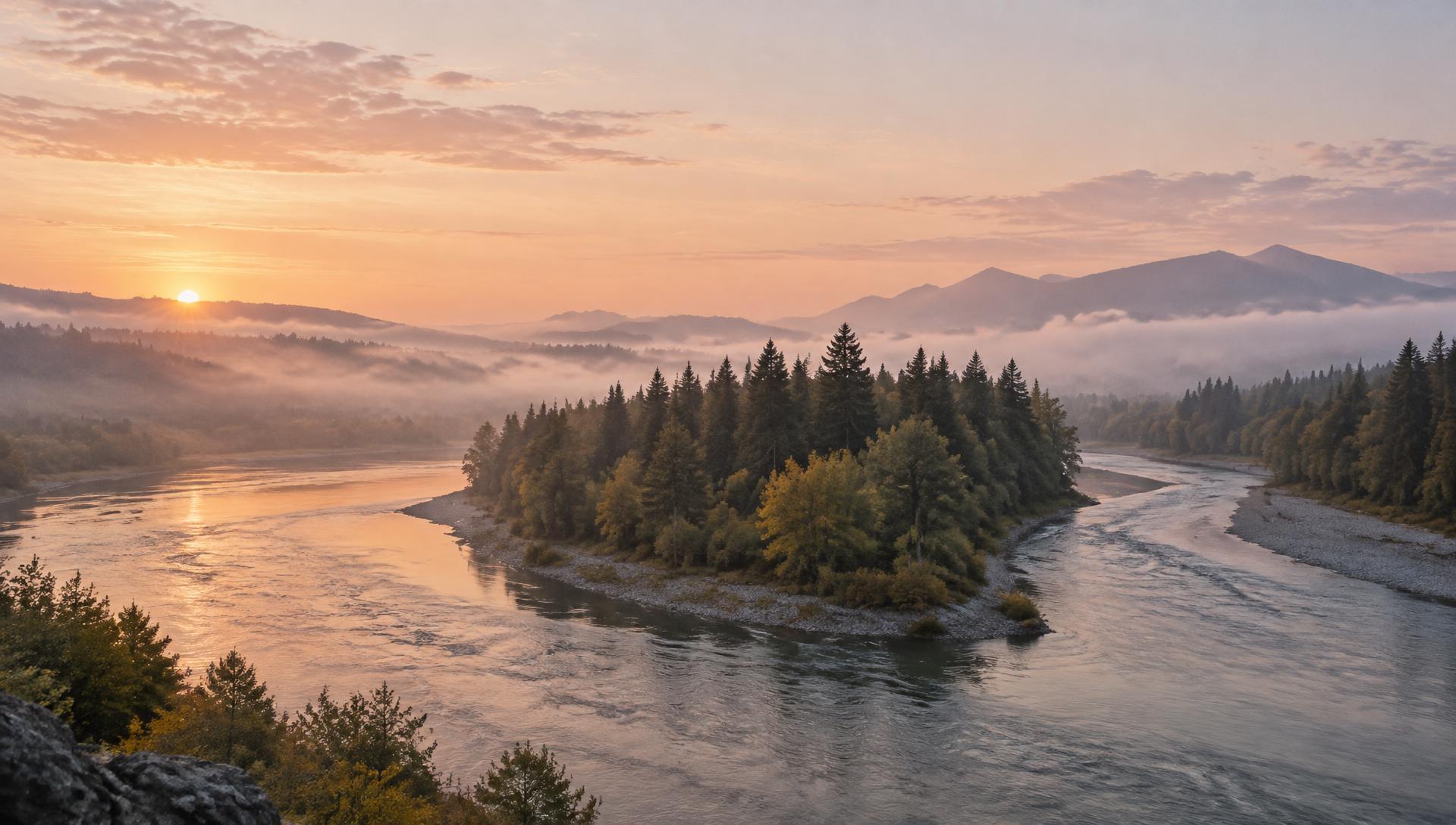 A calm river parting around a wooded island at dawn and rejoining downstream